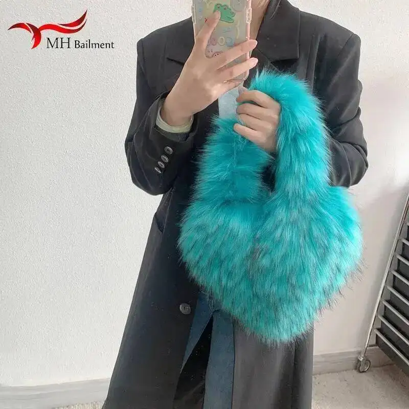 Women Fashion Plush Shoulder Bag Cute Heart Fluffy Commuting Handbags Simple Shopping Bag Soft Phone Bag Daily Tote Bag Purse