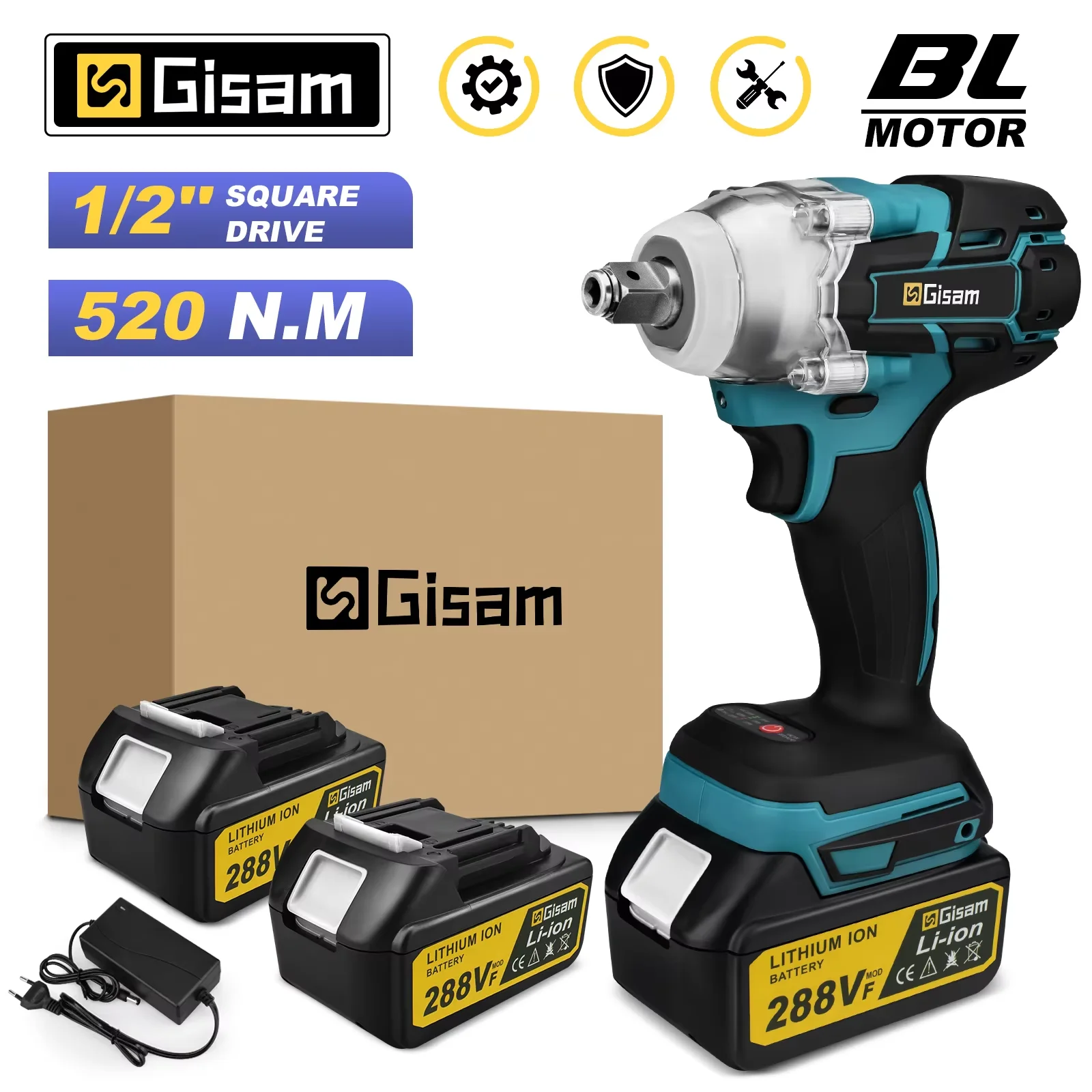 Gisam 520N.M Brushlessประแจผลกระทบไฟฟ้าไร้สายประแจไฟฟ้า 1/2 นิ้วสําหรับMakita 18Vแบตเตอรี่Pinไขควงเครื่องมือ