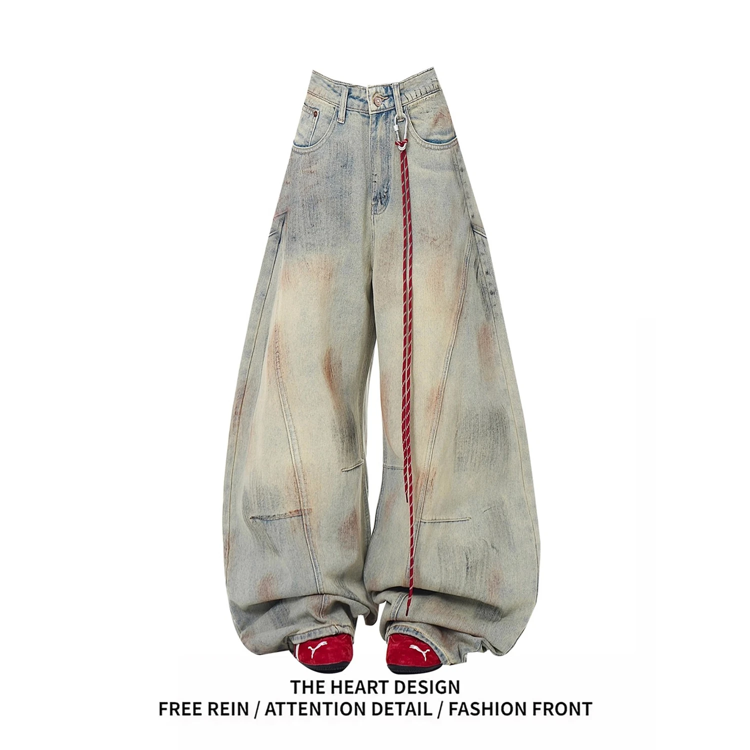 Y2K Women's Vintage Washed Denim Oversized Wide Leg Jeans High Waist With Red Cord Detail Casual Streetwear Trousers