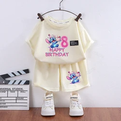 Girl Number T Shirt Shorts 2pcs Lilo Stitch Birthday Kids Clothes Set Waffle Tracksuit Suit Short Sleeve Tees Children Outfit