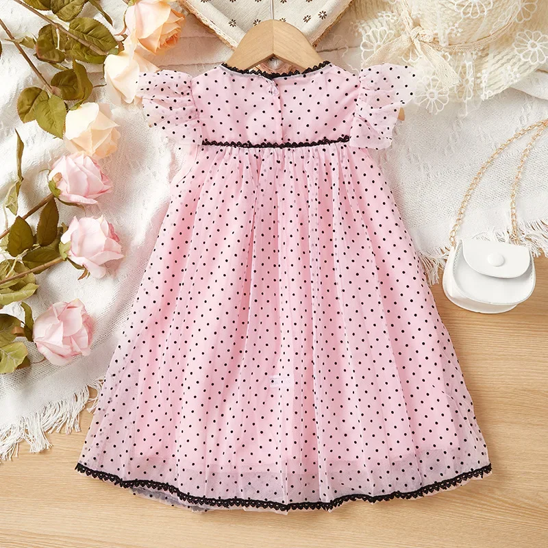 Summer Girl\'s Net Yarn Wavy Dot Dress Kids Fashion Flying Sleeve Toddler Clothing Little Girl Cute Party Princess Dress