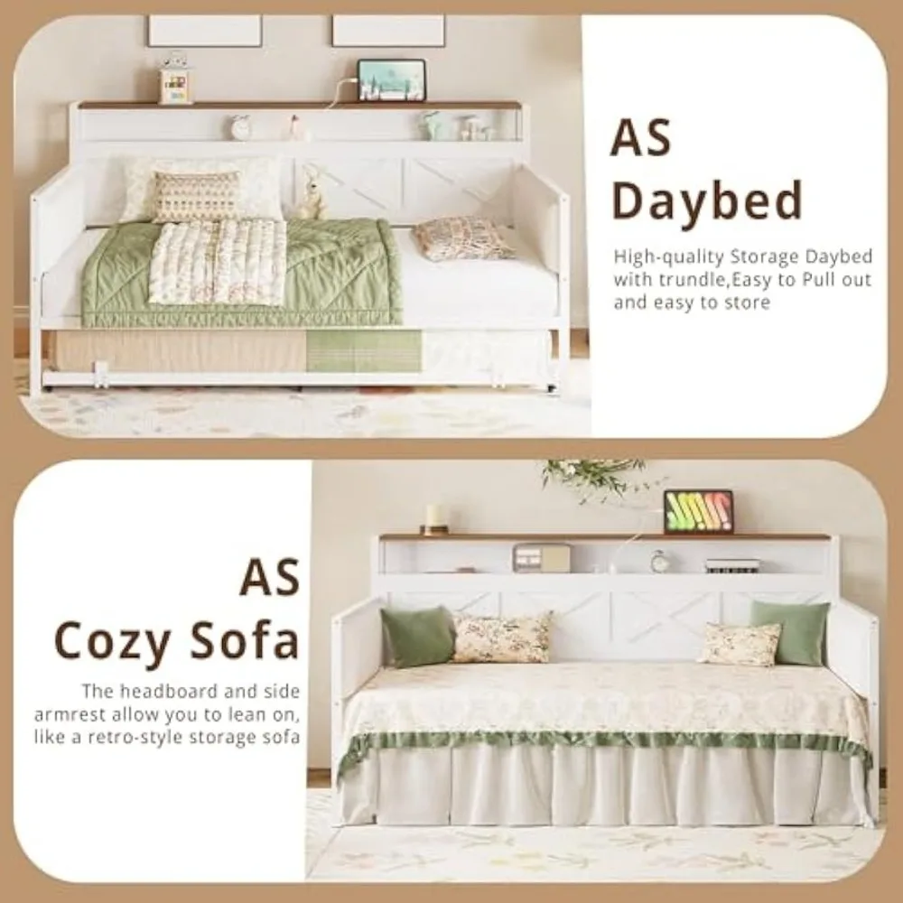 IRONCK Sofá cama con nido, estructura de cama doble de metal resistente con estructura en forma de X, sofá cama tapizado de granja con estación de carga