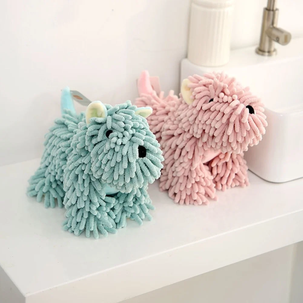 West terrier cartoon dog chenille hand towel super absorbent soft fabric with hanging loop for kitchen bathroom