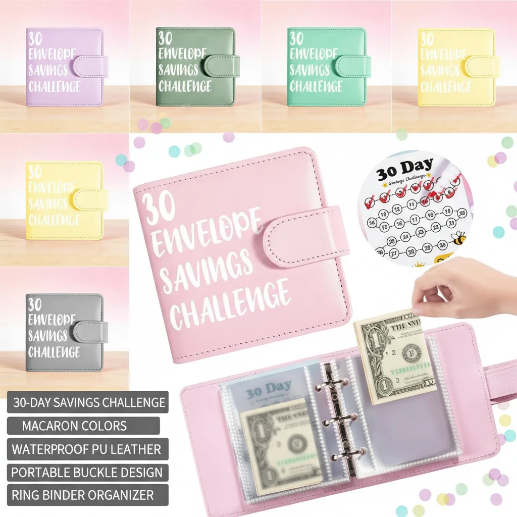 Carnet de budget en cuir PU pour le défi d'épargne des 30 enveloppes, imperméable et réutilisable
