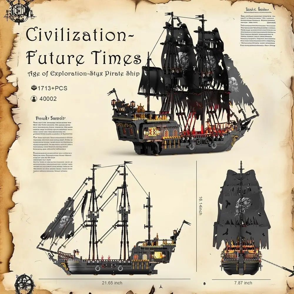 Kit de modelo de navio pirata iluminado 40002: Conjunto de construção adulto de 1713 peças para maiores de 14 anos, ideal para decoração de casa ou escritório