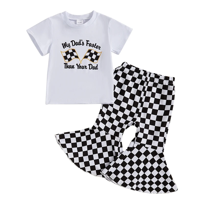 

Toddler Girls Summer Outfits Short Sleeve Letter Print T-Shirt with Checkerboard Flare Pants 2 Pcs Set