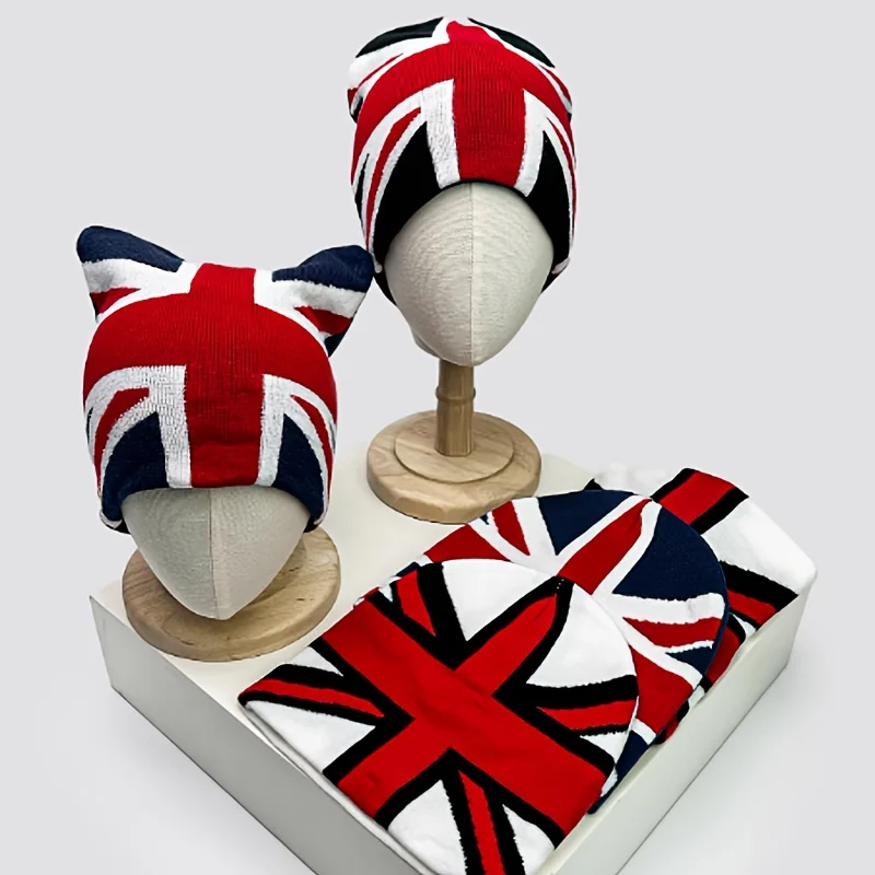 Trendy Hip-hop Street Red Blue Clash Union Jack Jacquard Warm Beanie Hat Suitable for Autumn Winter Outdoor Casual Wear