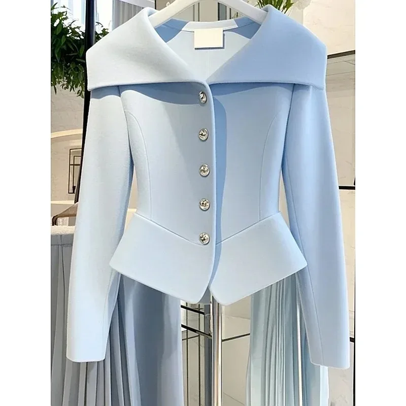 Autumn French Socialite Style Short Jacket Women Top Navy Collar High End Luxury Temperament Slim Fit Blazer Coat Women Clothing