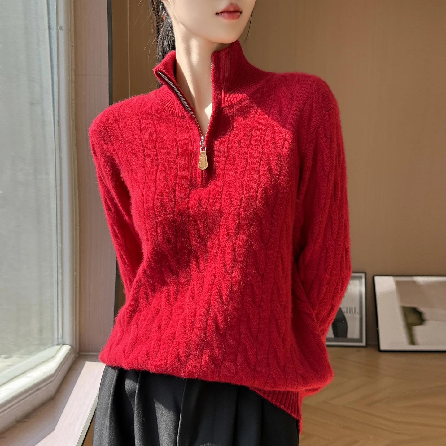 Half Zip Turtleneck Pullover Woman's Autumn Winter 100% Merino Wool Sweater Cashmere Knitwear Long Sleeve Warm Clothing Tops
