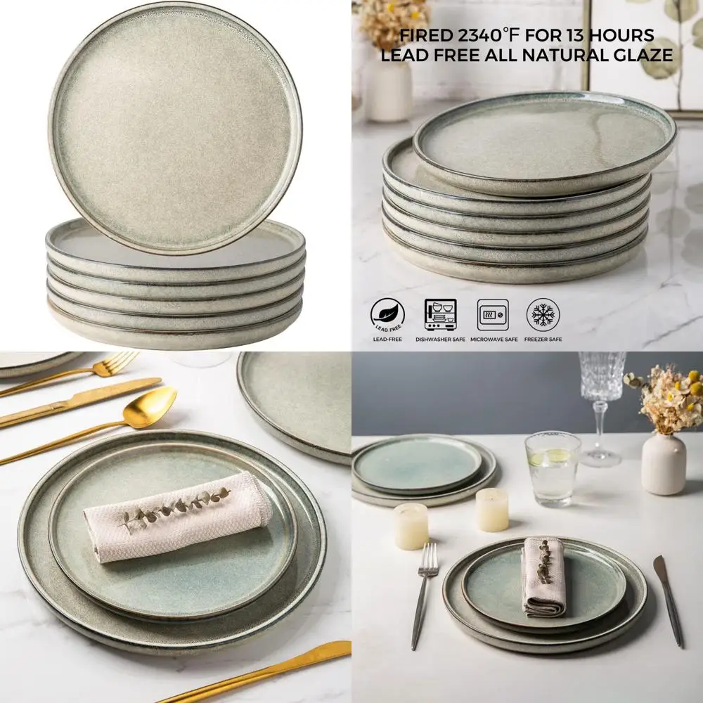 

dinner plates set of 6, 10.5 inch reactive glaze ceramic plates set, microwave, dishwasher safe, scratch resistant, modern larg