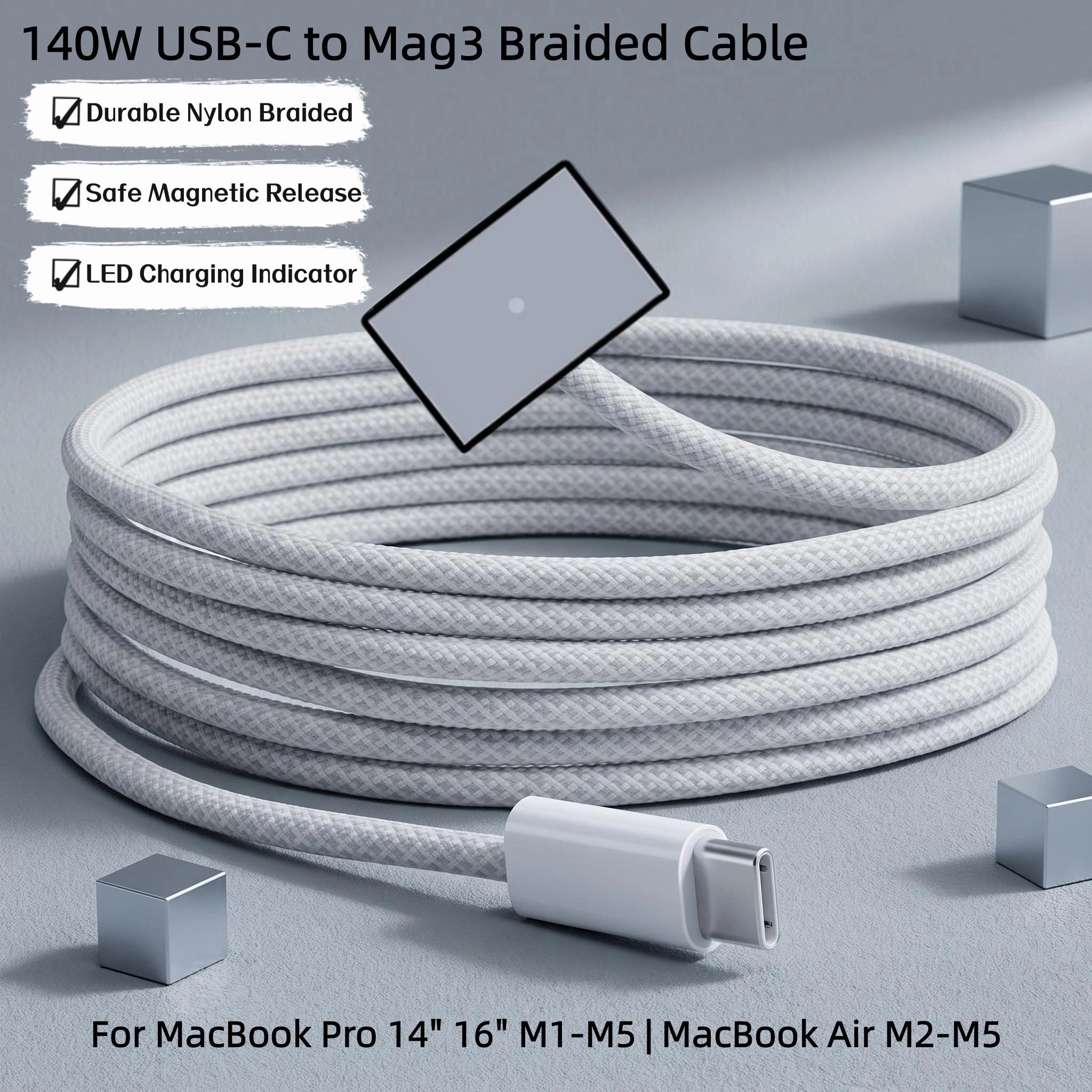 Câble de charge tressé USB-C vers MagSafe 3 de 140W pour MacBook Pro 14" 16" M1‑M5 Air M2‑M5, chargeur magnétique avec indicateur LED