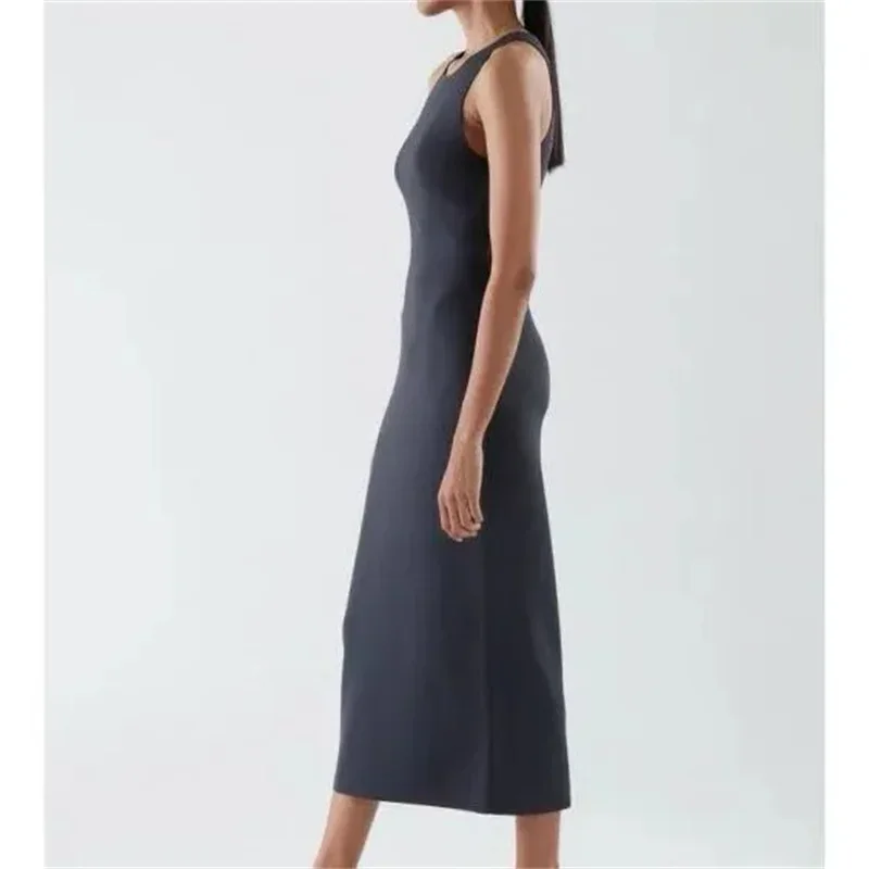 Korean Fashion Solid Knitted Dresses Women Elegant Slim Sleeveless Shoulder Strap Long Dress Vestidos Elegantes Para Mujer