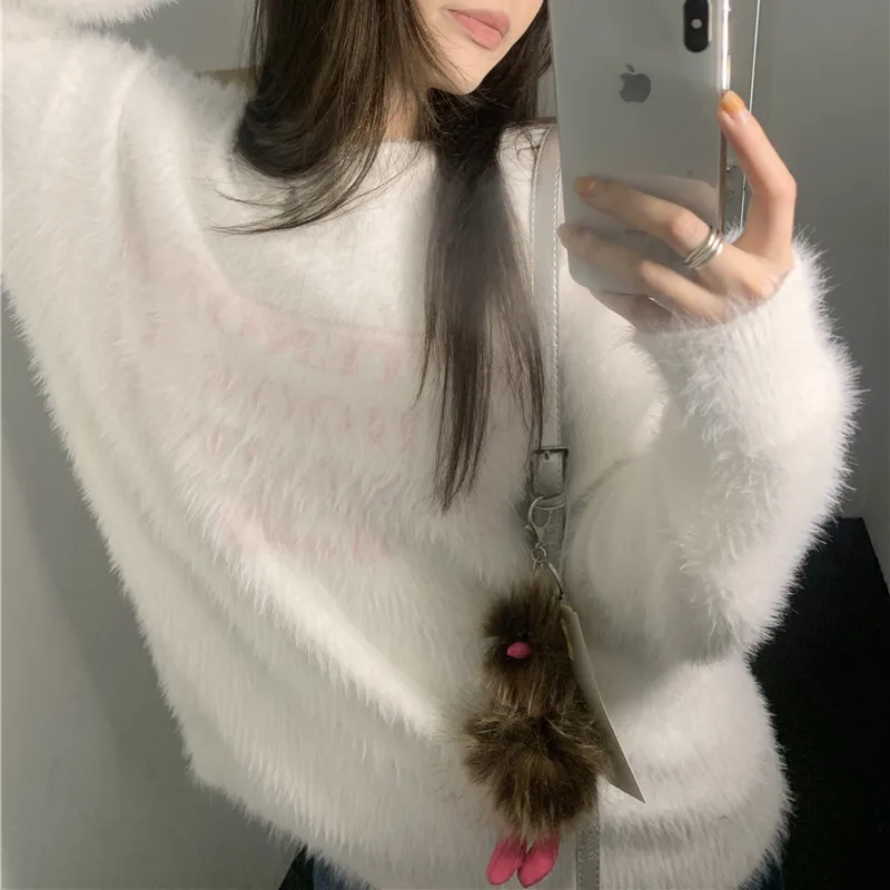 

Lazy Style Blue Niche High-End Women's Autumn Winter Soft And Sticky Imitation Mink Fur Milk Fufu Loose Knit Sweater Top