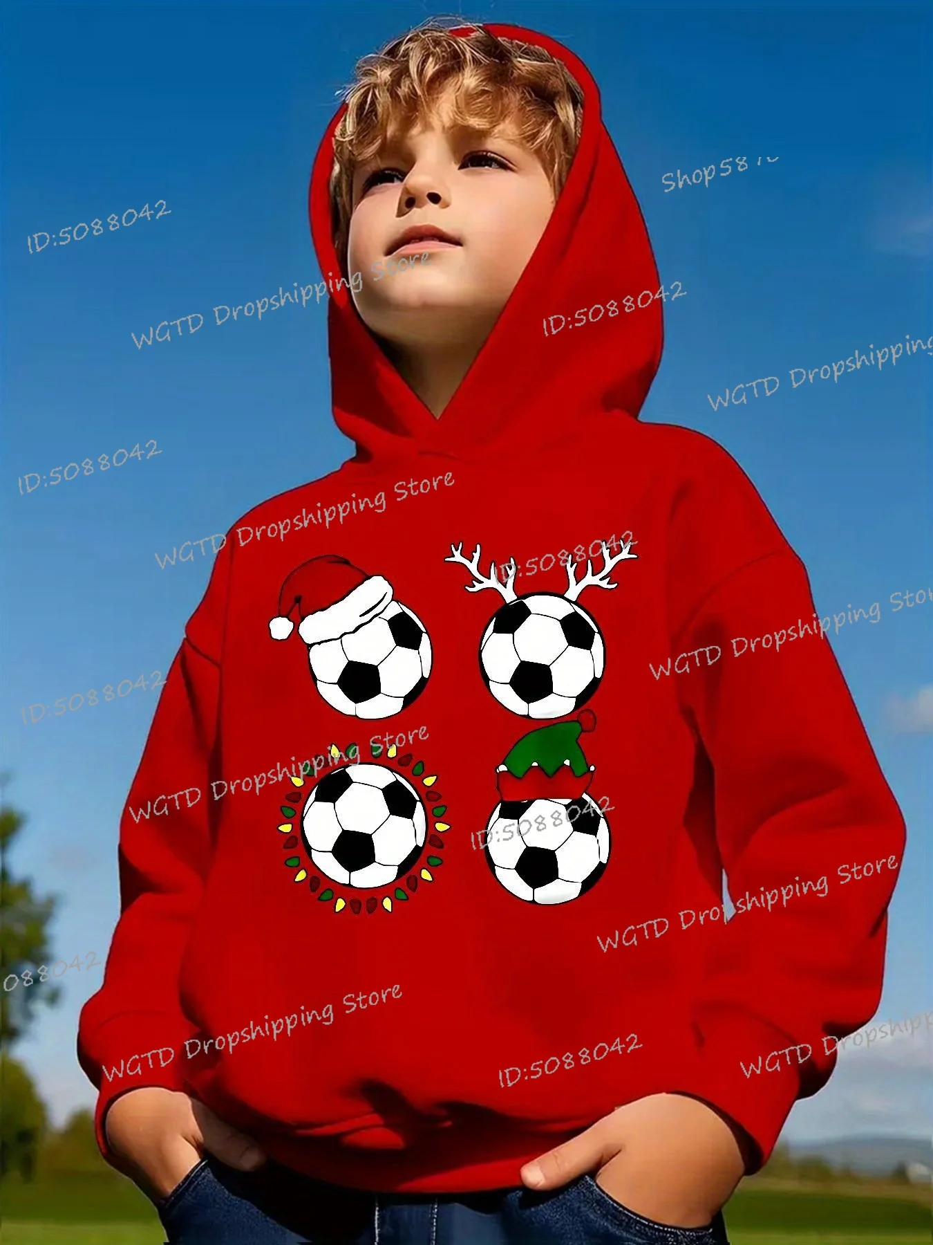 

Boys Christmas Soccer Sweatshirt Holly Santa Print Pullover Hoody Love Soccer Kid Casual Holiday Outfit Fun Christmas Streetwear