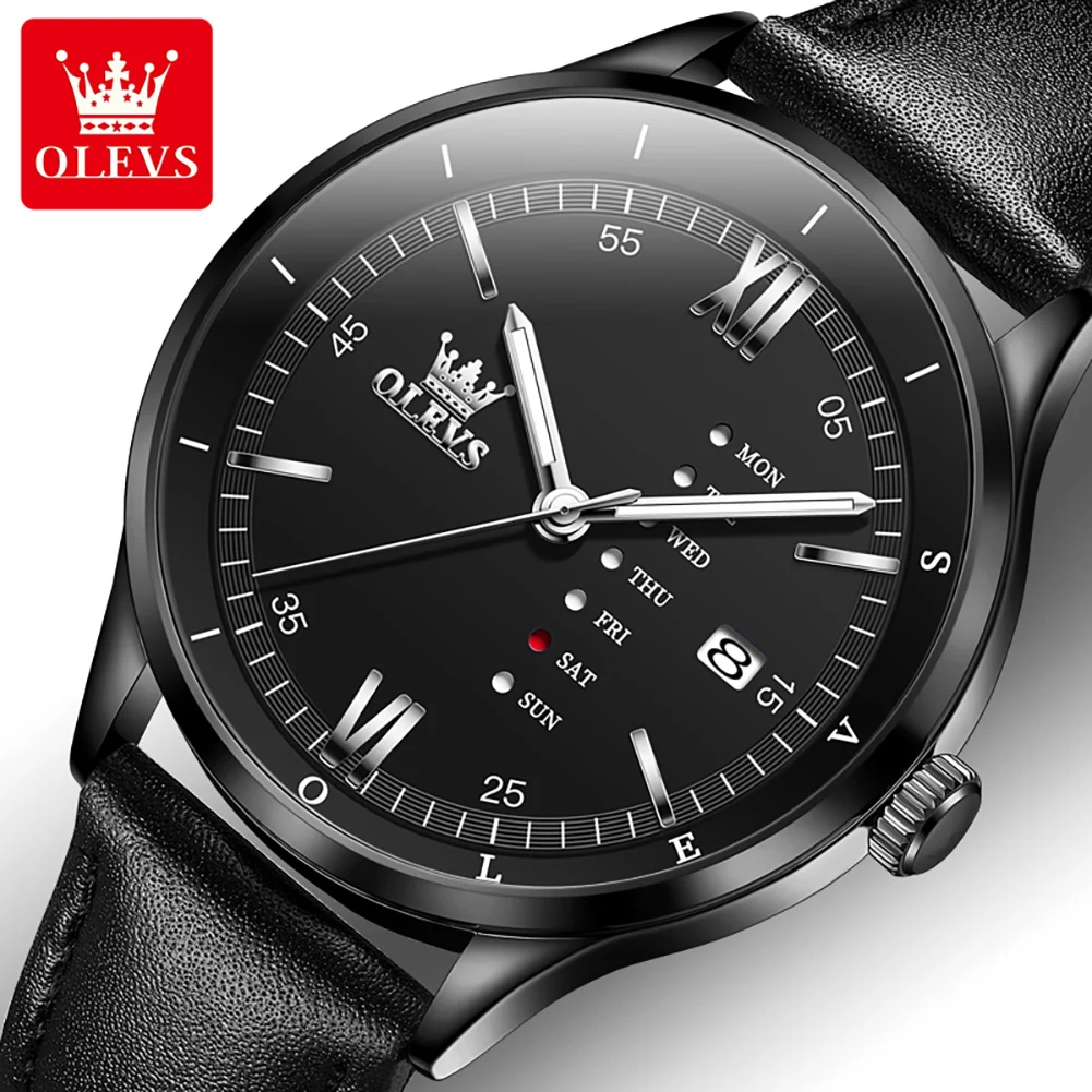 OLEVS 2931 New Quartz Dress Watch For Men Week Display Leather Hand Clock Waterproof Luminous Calendar Fashion Man Watches Gifts