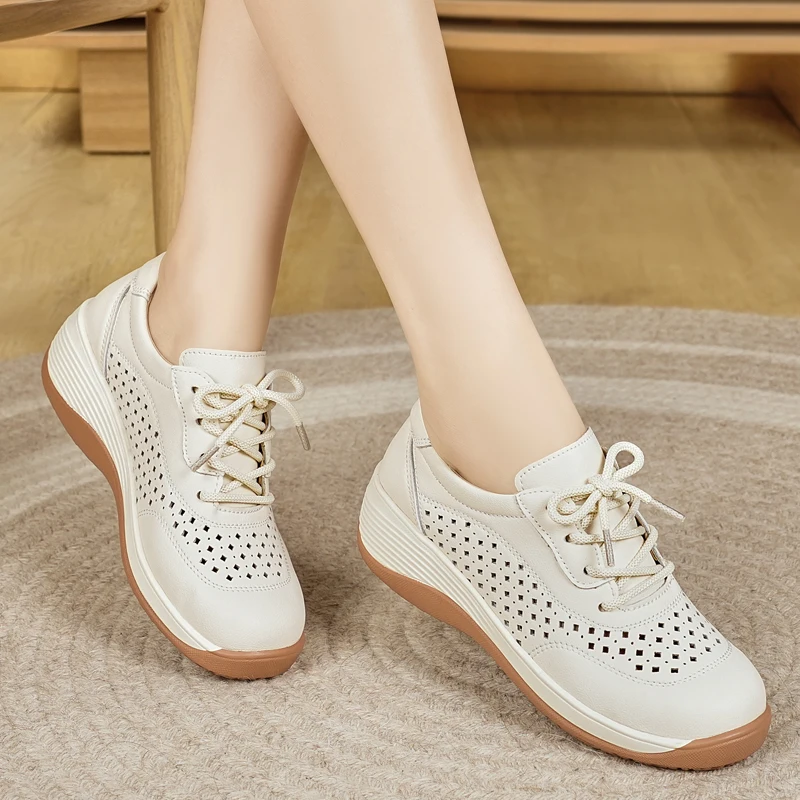 

Women's Perforated Wedge Sneakers - Lace-Up Breathable Non-Slip Casual Walking Shoes