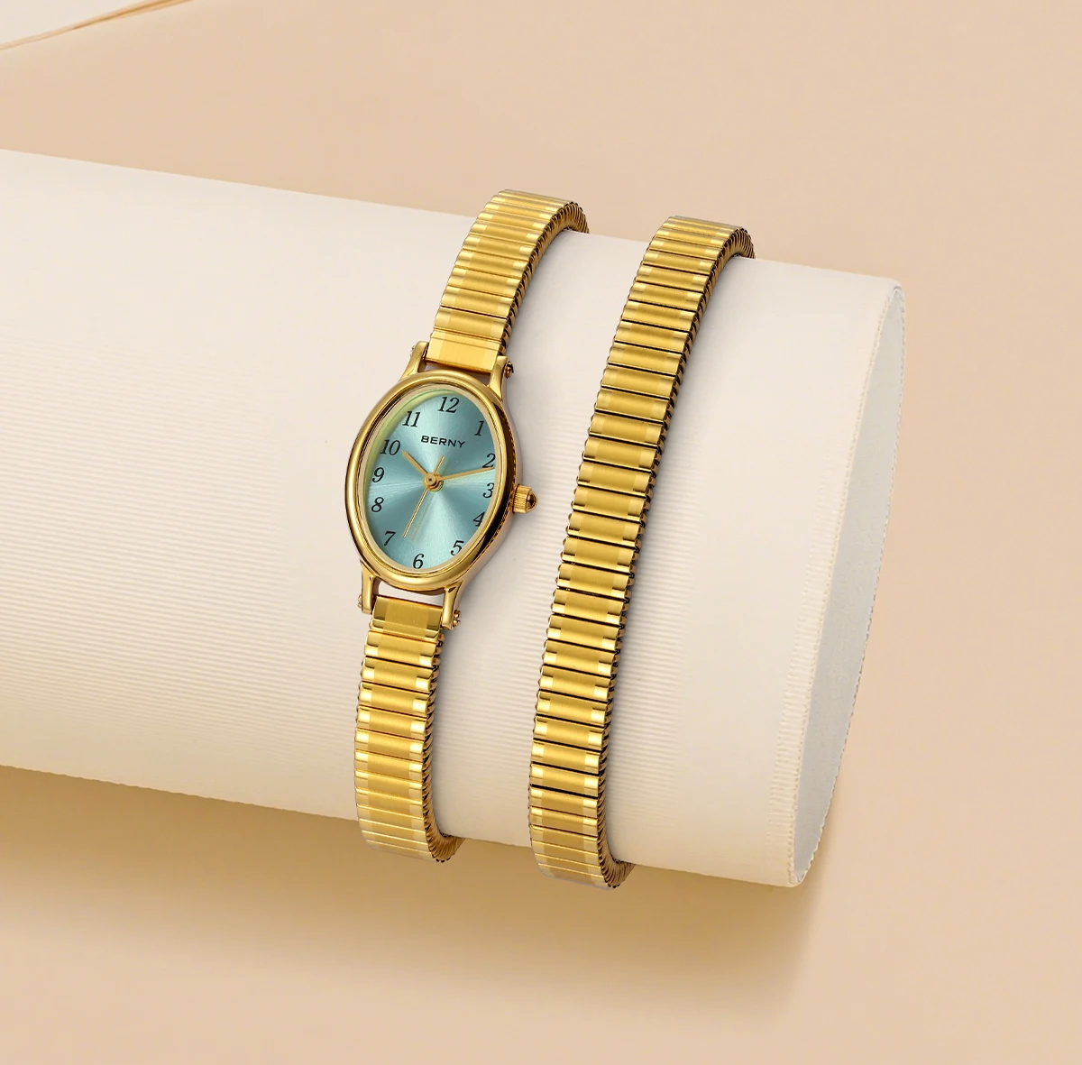 BERNY Goldene Uhren für Damen, luxuriöses goldenes elastisches Armband, elegante, leicht ablesbare Damenuhr, Stretch-Armband, Kleiderarmbanduhr – Detail 20