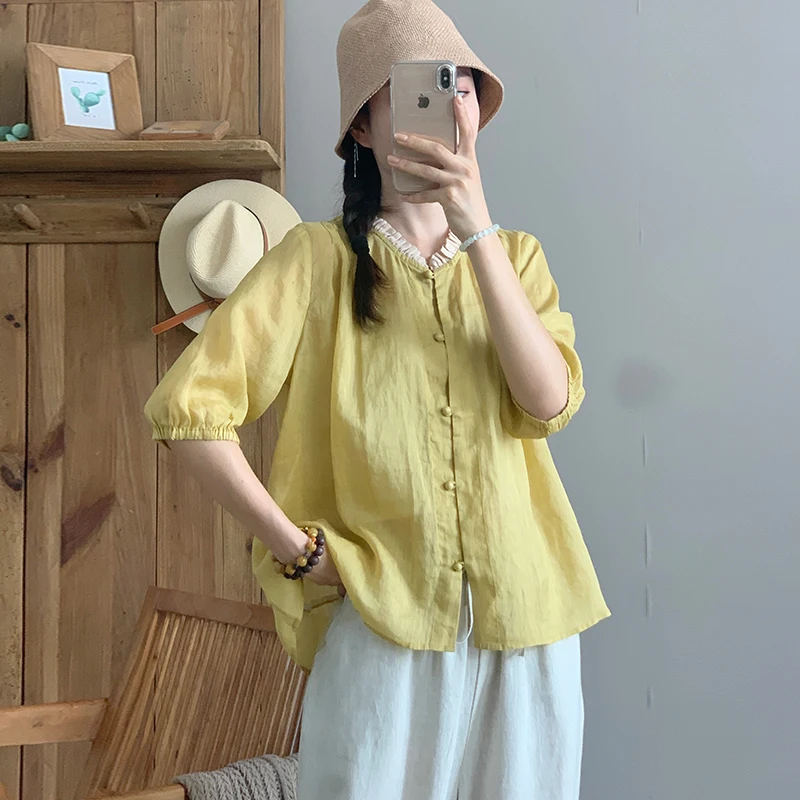 

Ele Vintage Cotton Linen Women's irt Summer Beautiful Loose ort Sve Button up Bubble Sve Thin Regular Length