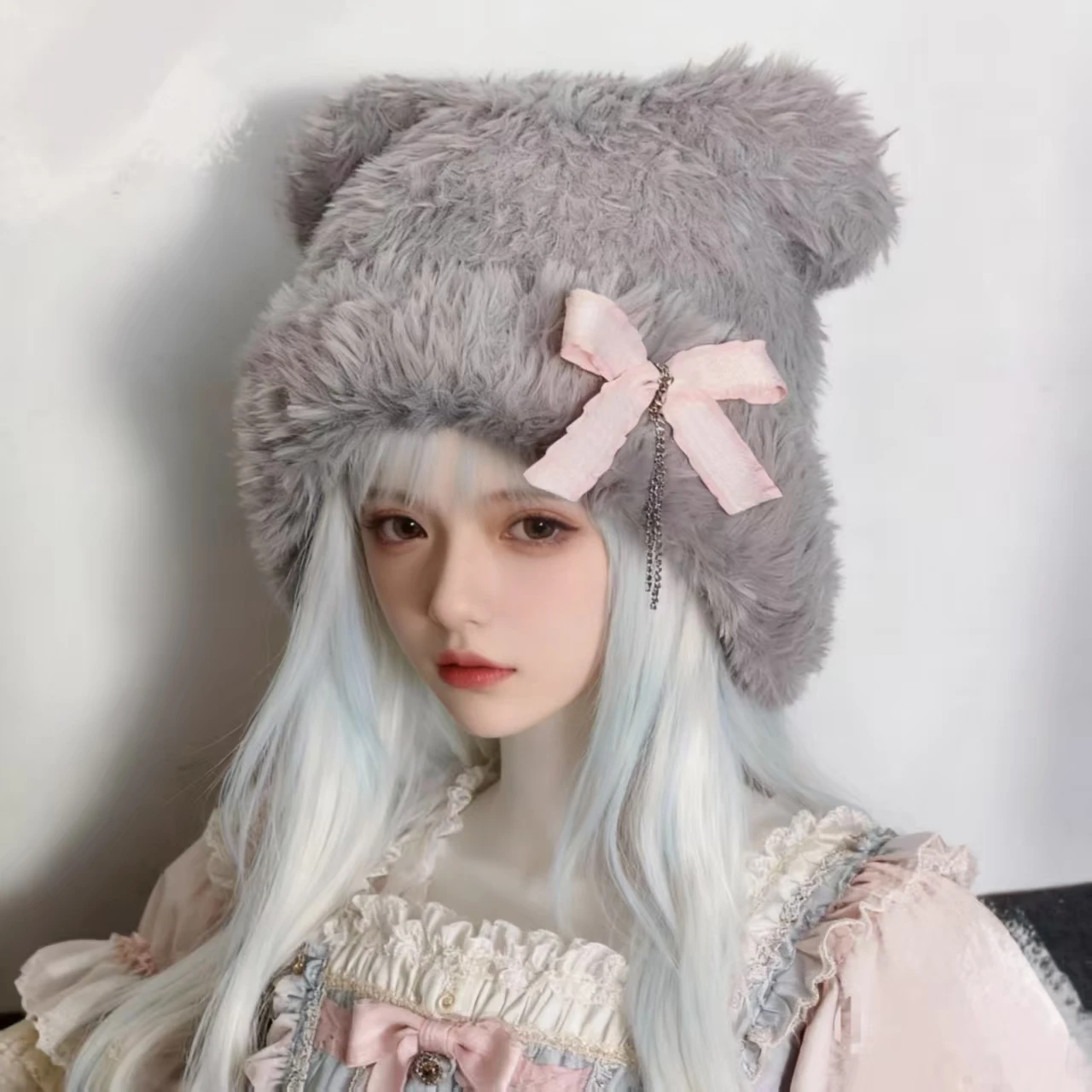 Bonnet d'hiver avec oreilles d'ours pour femmes, avec nœud, chapeau à pompon tricoté doux, joli bonnet à pompon pour temps froid, accessoires Y2K