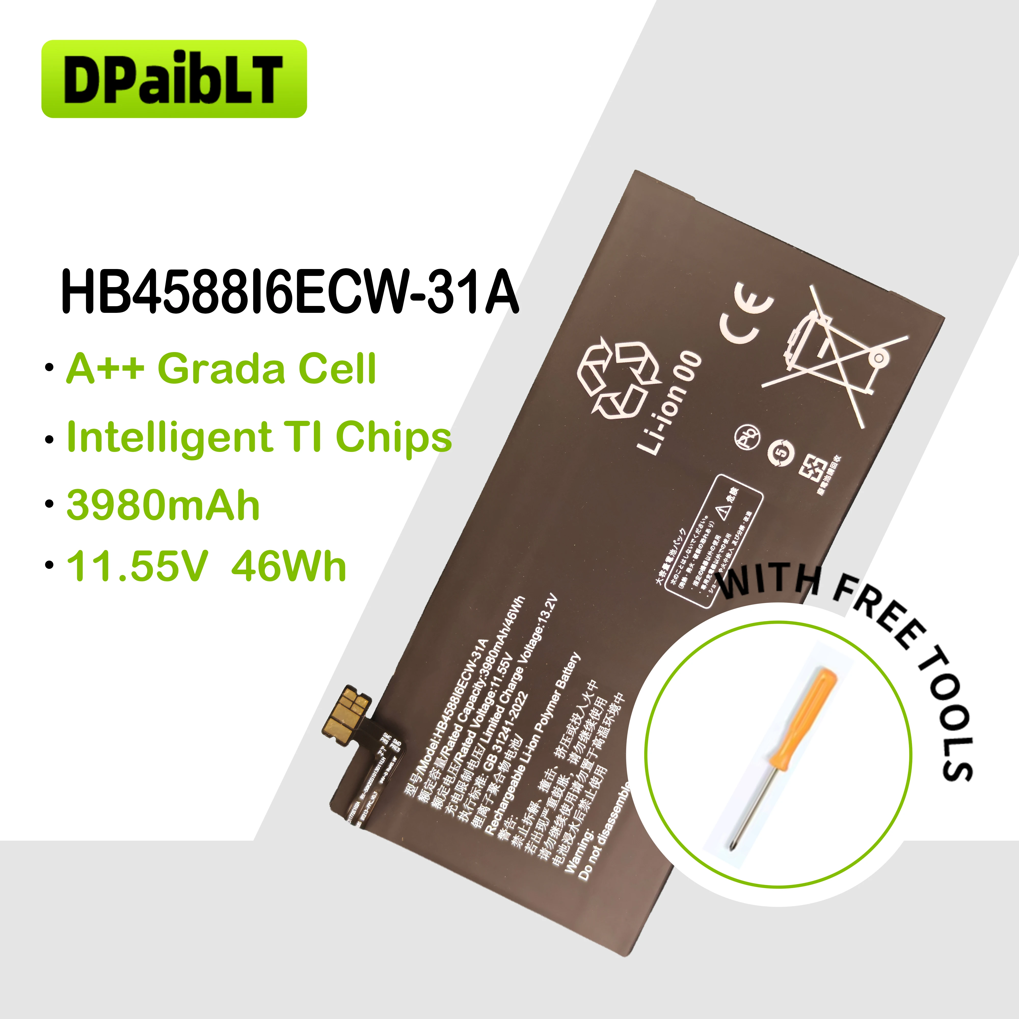 

DPaibLT NEW 46Wh 11.55V 3980mAh HB4588I6ECW-31A HB4588I6ECW-31C HB458816ECW-31C LAPTOP BATTERY For Huawei MateBook E 12.6"