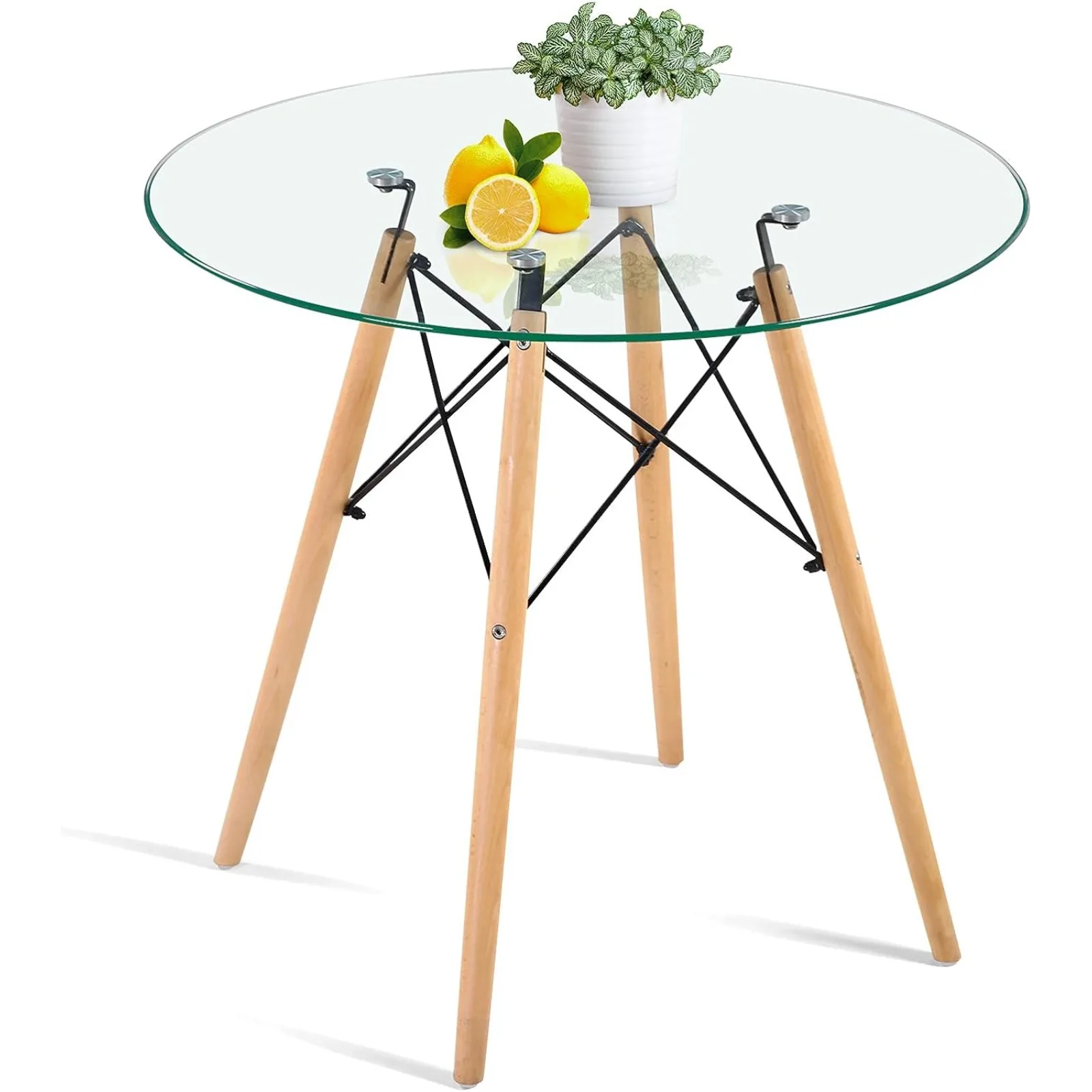 

US Round Glass Dining Table Small Kitchen Table Modern Circle Dining Room Table 32" with Wood Legs for Dinner Small Spaces Clear