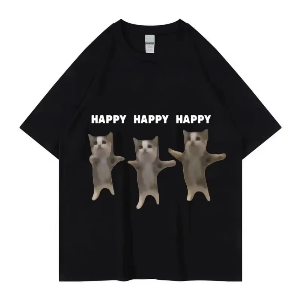 Funny Cute Cat Meme Graphic TShirt Happy Dance Cat Print Short Sleeve T-shirt Fashionable Daily Attire Men Women Casual TShitrs
