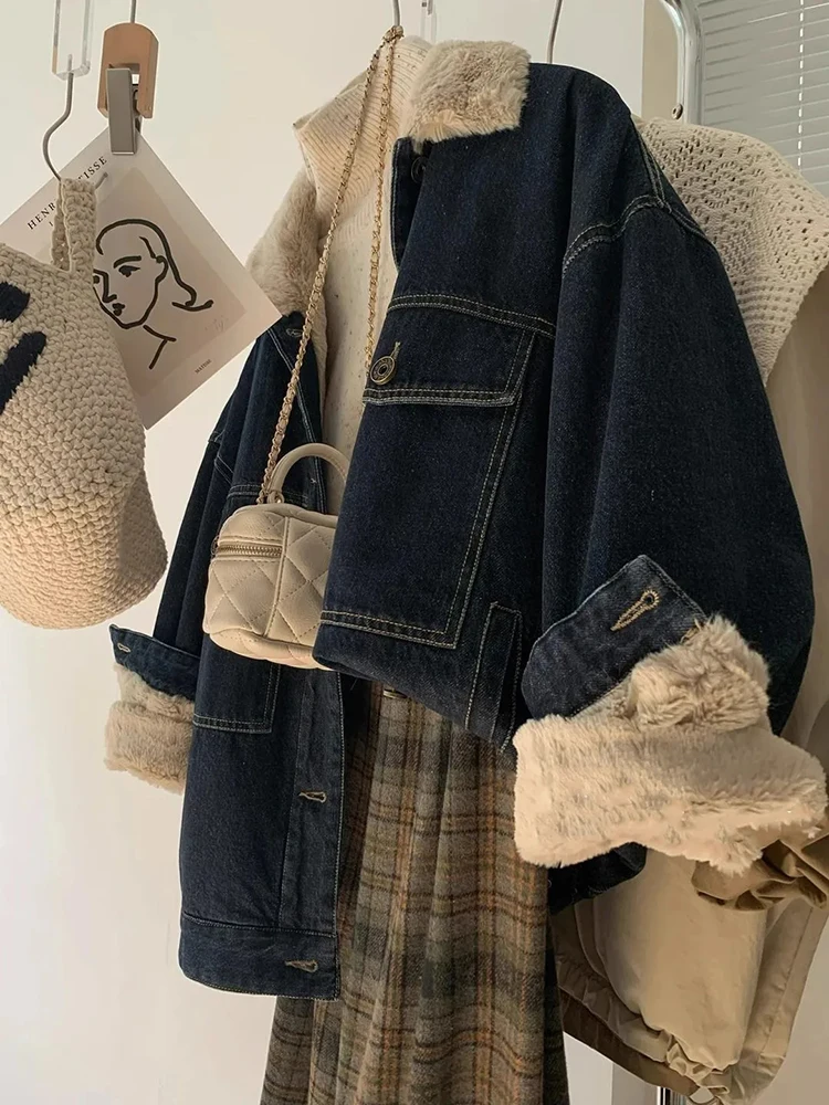 Vintage Plush Denim Jacket for Women Y2K Winter Thick Loose Lapel Warm Jeans Coats Streetwear Single Breasted All Match Outwear