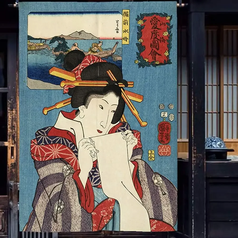 Japanese Noren Doorway Curtain Tapestry Hokusai Ukiyoe Geisha Painting Door Curtain Room Divider Bistro Decor, 33 x 47 inches
