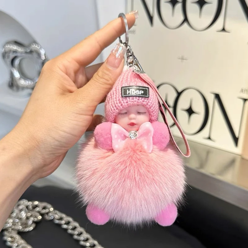 Pompom Sleeping Baby Keychain Cute Fluffy Plush Doll Keychains Women Girl Bags Keyrings Cars Key Ring Gift Charming Decoration view 5