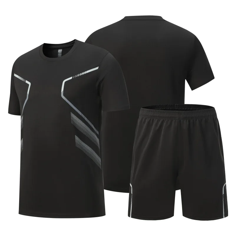 بدلة رياضية صيفية سريعة الجفاف للرجال مكونة من قطعتين تي شيرت فضفاض وقابل للتنفس بأكمام قصيرة للجري واللياقة البدنية شورت جيب أسود