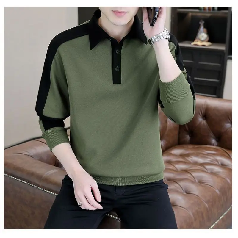 Screw Thread Contrast Color Preppy Style Spring Autumn Lantern Long Sleeve Men's Clothing Turn-down Collar Pullover Casual Tops