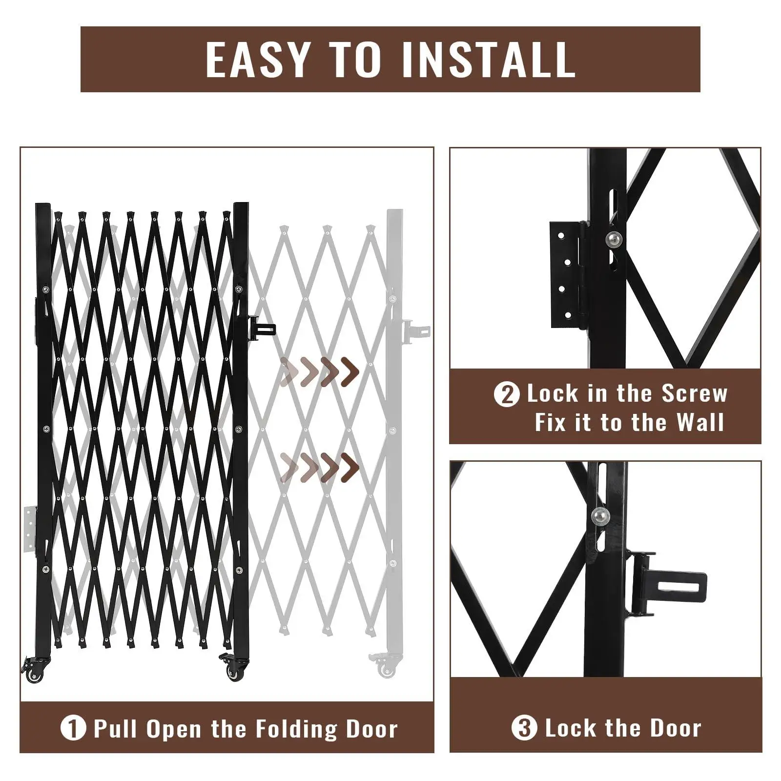 Expandable Folding Security Gate – Heavy Duty Steel Accordion Door with 360° Rolling Wheels – Portable, Temporary Barrier for Courtyard, Garage, Garden, Driveway, Outdoor Access Control
