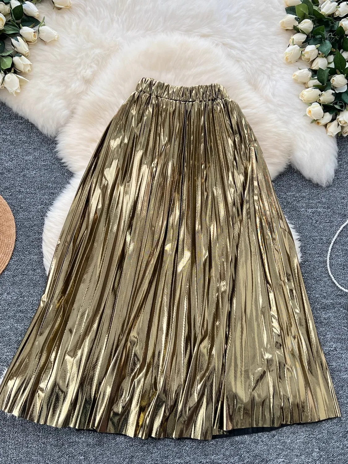 Foamlina American Cool Retro Metal Feeling Gold Long Skirt Women's High Waist Show Thin Chic Medium Long Skirt Autumn Spring