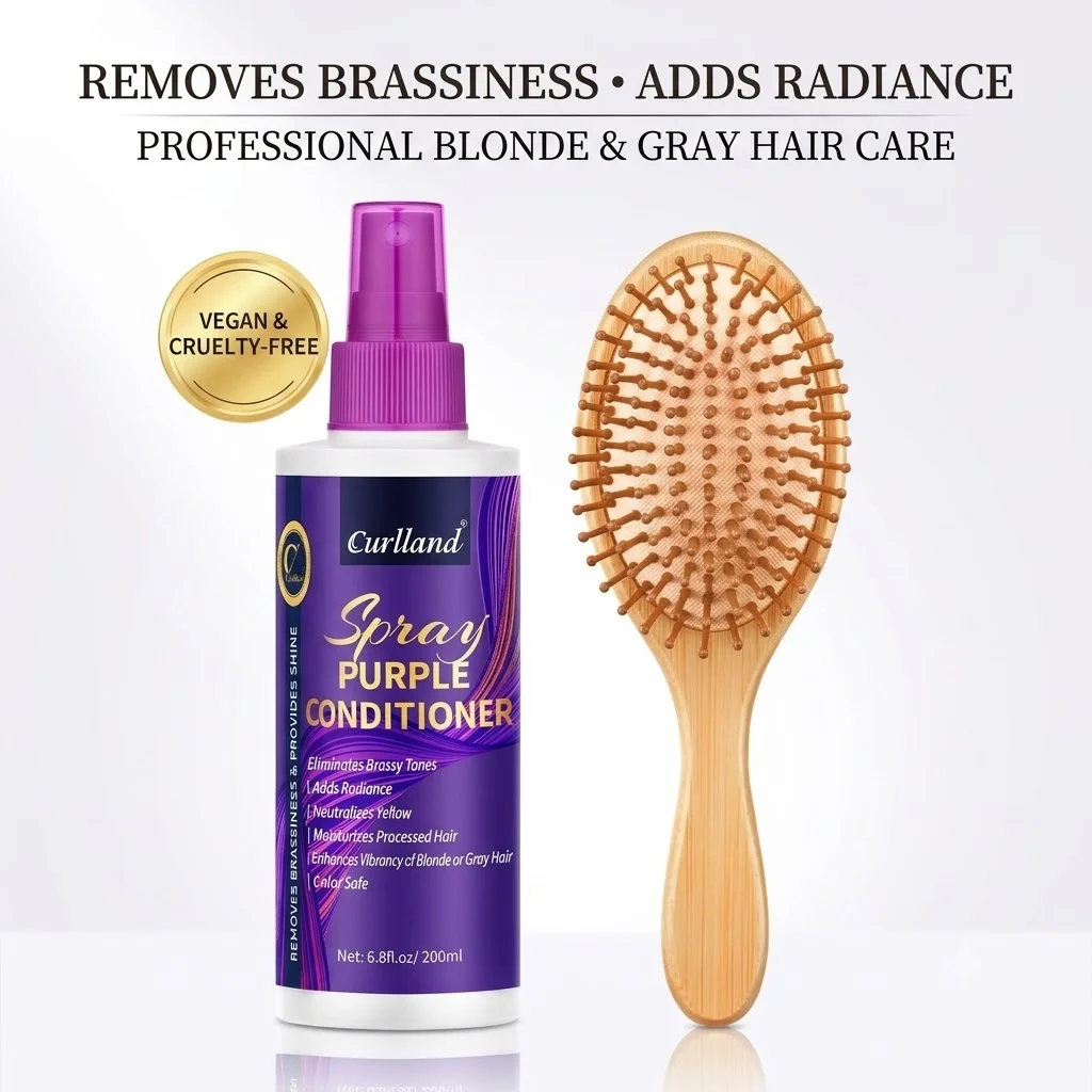 Leave-In Purple Conditioner Spray Set with Wooden Cushion Comb, Neutralize Yellow Brassy Tones Repair Dry Damaged Bleached Blonde Silver Hair Detangling Spray