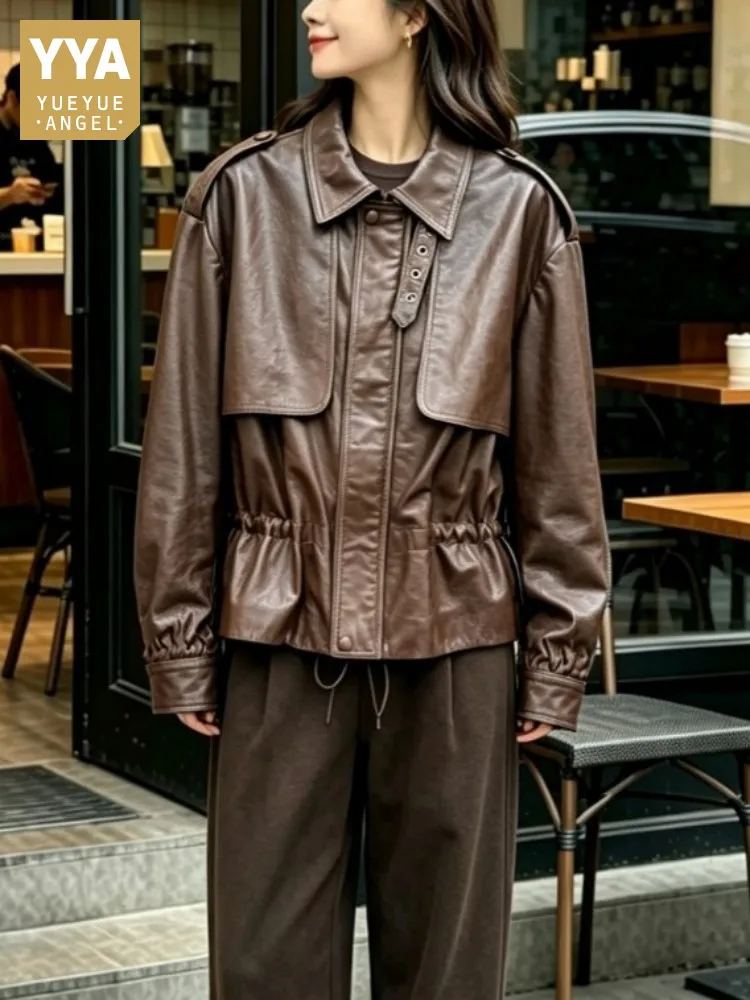 Vintage Sheepskin Genuine Leather Jacket Women Streetwear Punk Short Windbreakers Coat New Autumn High Waist Motorcycle Jackets