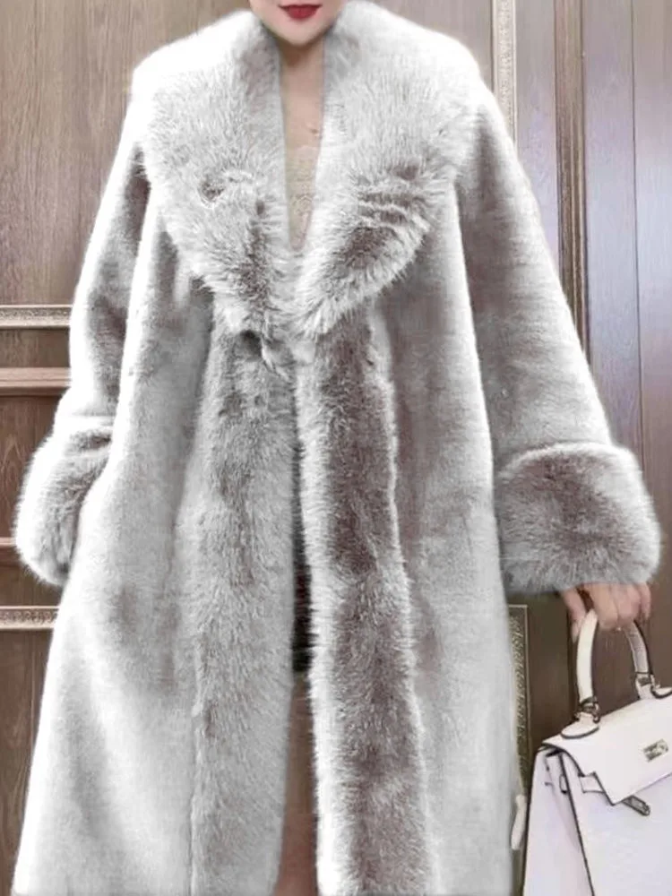 ZMEENNA Womens Long Faux Fur Coat Oversized Collar Trim Cuff Warm Winter Outerwear Elegant Full Sleeve Jacket Black ZM4466