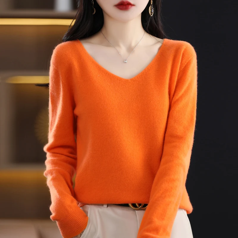 100% Pure Merino Wool Sweater Women V-neck Pullover Autumn /winter Casual Knit Tops Solid Color Regular Female Jacket Hot