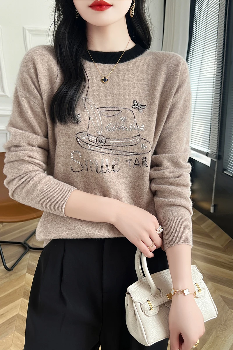 100% pure wool sweater women's autumn and winter new knitted pullover base sweater pattern design round neck rhinestone loose to