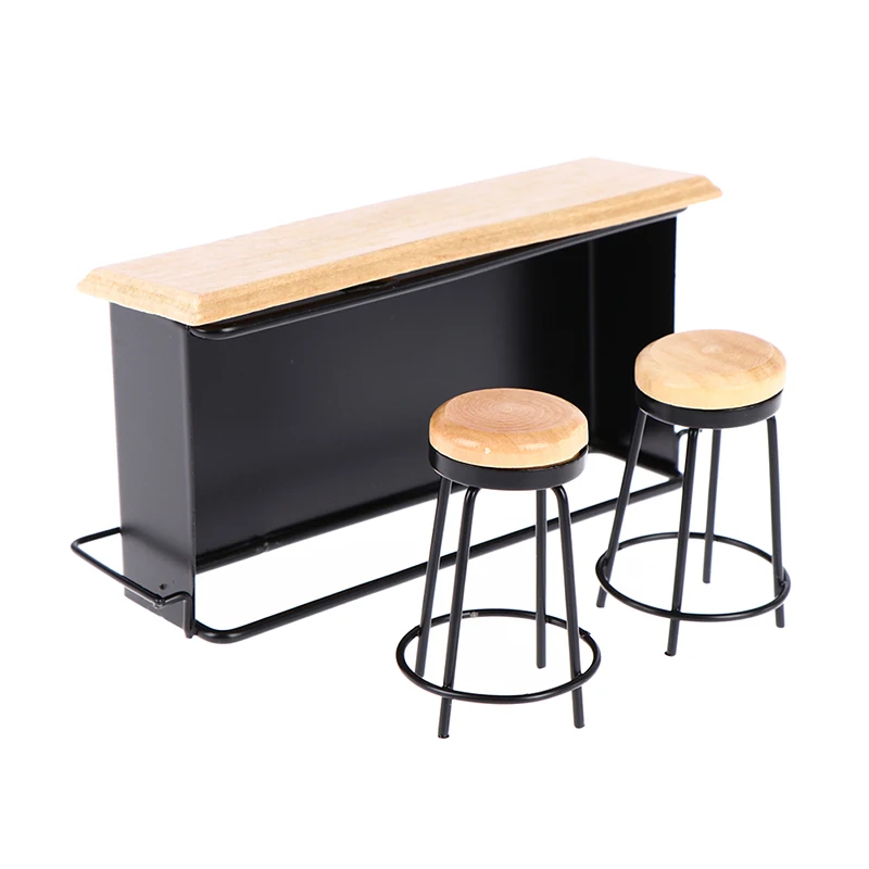 3 stks/set 1:12 ollhouse Mini Bar Set - Houten Pub Teller met 2 Krukken