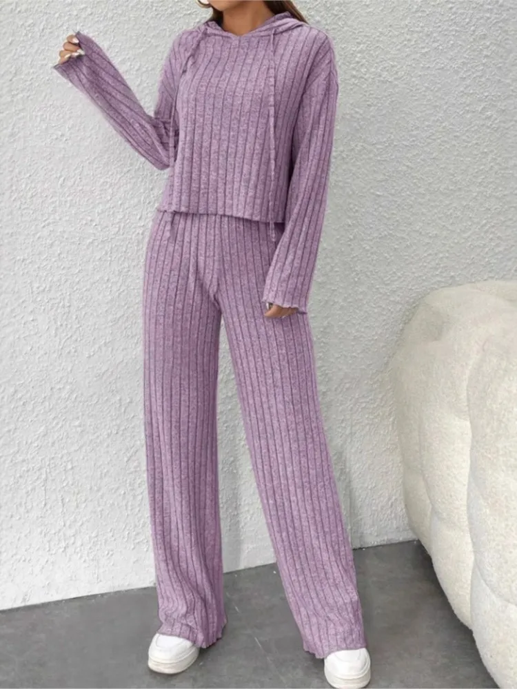 

Winter Women's Casual Sets Fashion Solid Color Knitted Striped Hooded Tops Wide-leg Pants Two-piece Set Female Commuter Outfit