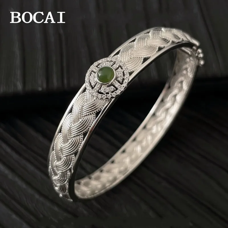 

BOCAI New S925 Sterling Silver Fashion Luxury Niche Hotan Jade Knitting Lace Bracelet Female Gift