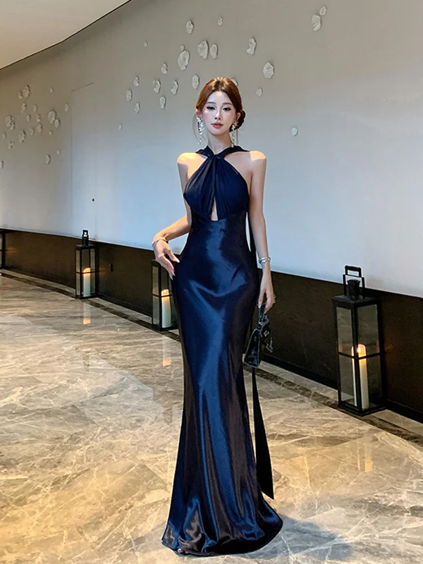 Ele Evening Light Dr Ne Hanging Bal Birthday Par Slimming Long Skirt French Sle Pure Color Waist a