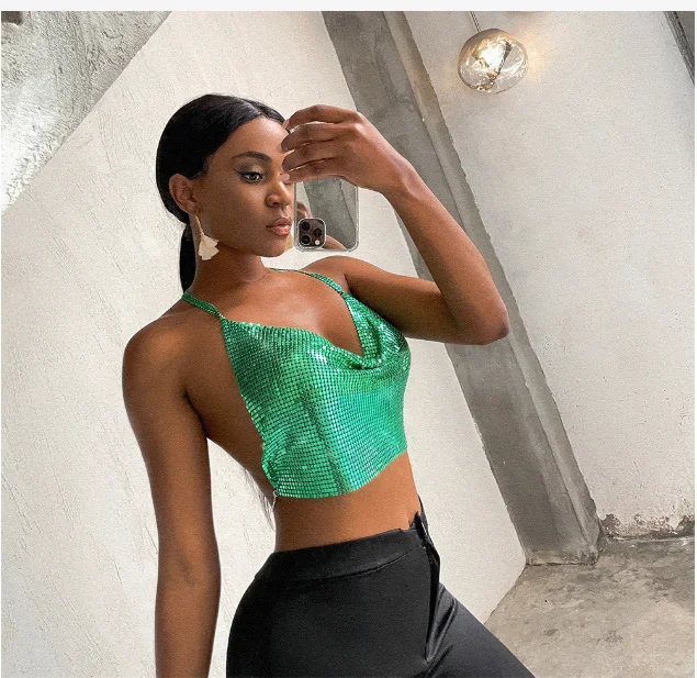 Sexy green Bling Bling Sparkly Metal Rhinestones Crop Top Women Ladies Fashion Tank Camis Backless Halter Party Crop Tops