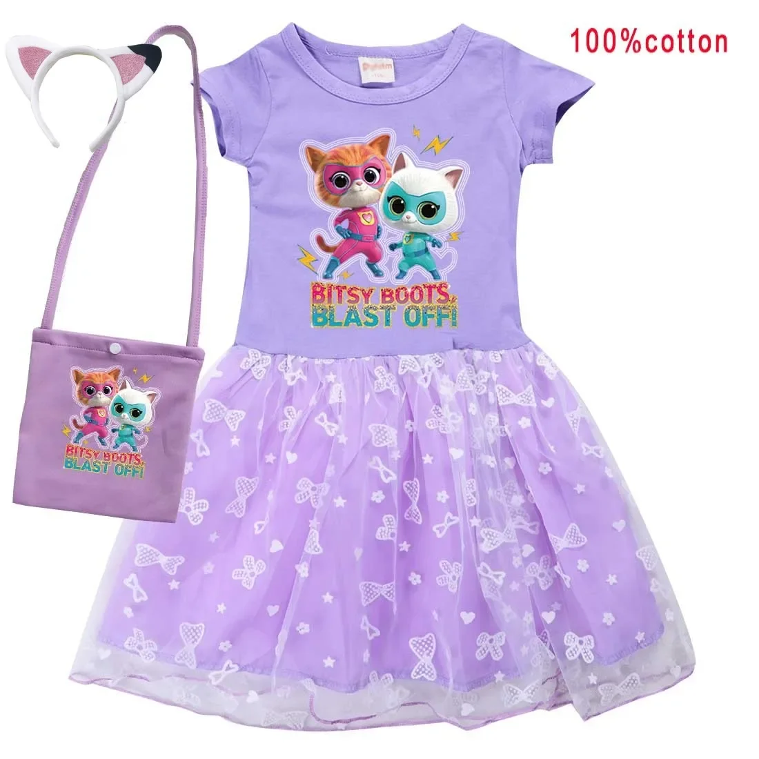 

2-10Y Cartoon Superkitties Dress for Girls Short-sleeve Casual Dresses with Small Bag Kids Summer Outfits Children Lace Vestidos