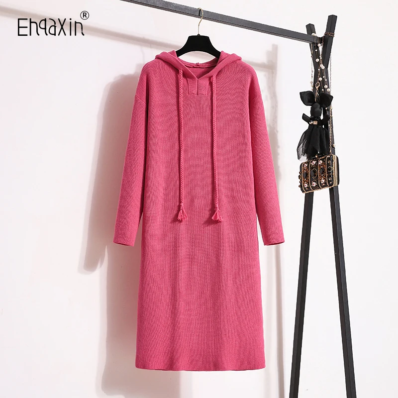 

EHQAXIN Fashion Women's Knitted Dress Autumn Winter 2023 New Elegant Loose Roped Thick Hooded Sweater Dresses Female M-4XL