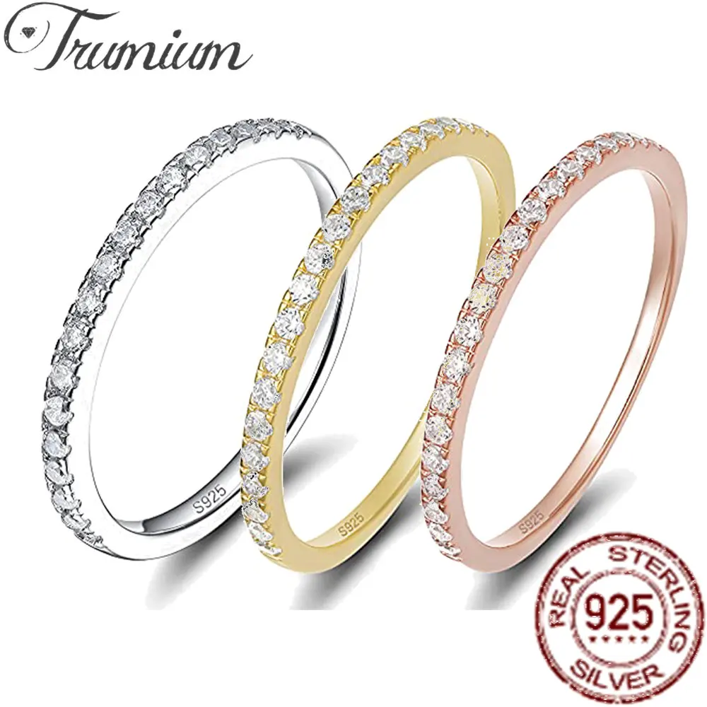 Trumium 2mm 925 Sterling Silver Rings For Women Zircon Inlaid Half Eternity Stacktable Ring Fine Jewelry for Wedding Anniversary