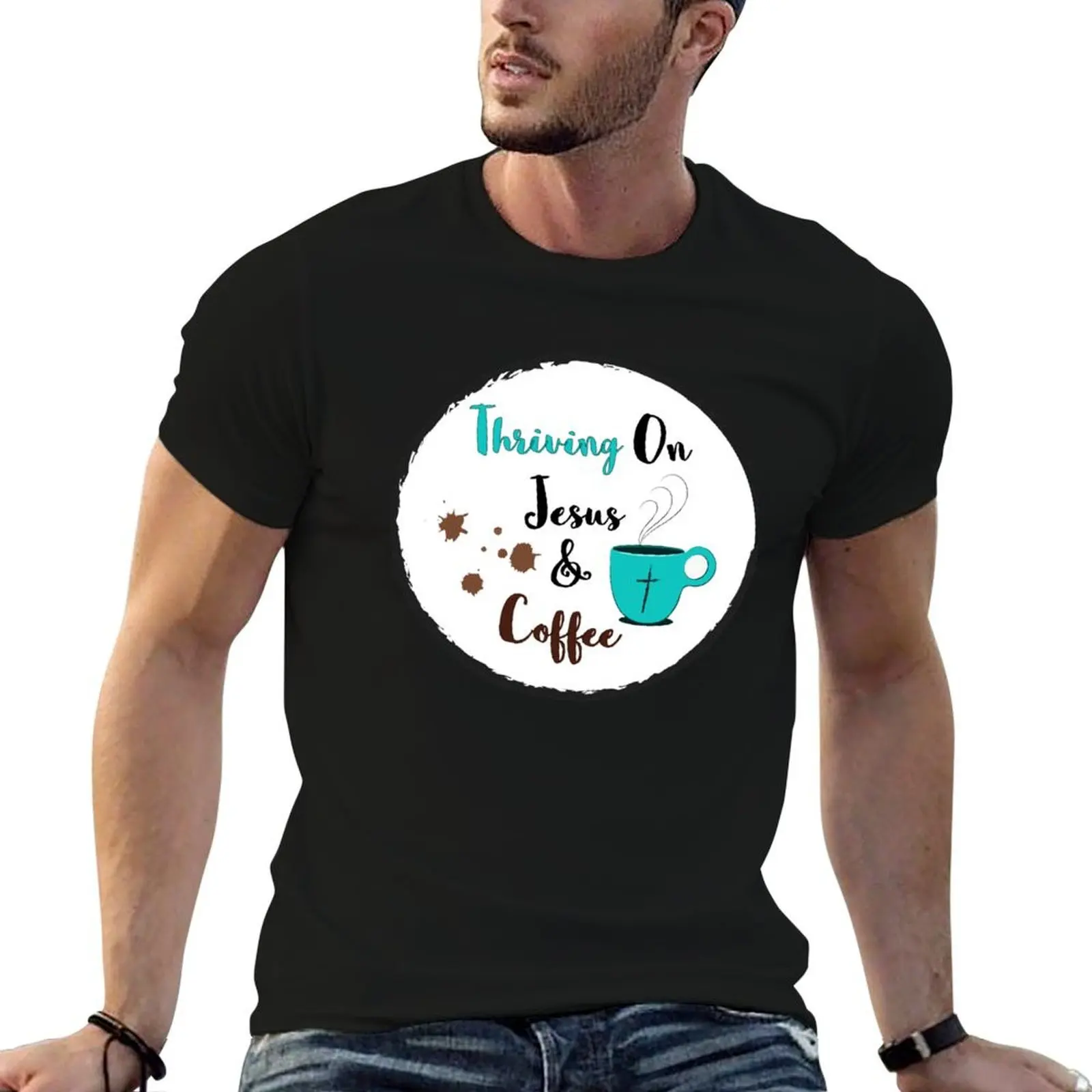 T-shirt Thriving on Jesus & Coffee, t-shirts en coton 100% coton, t-shirt homme