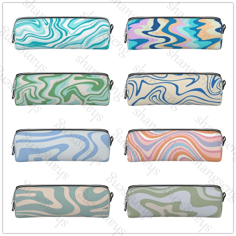 

Colorful Wavy Lines Leather Zipper Pencil Box Multifunctional Stationery Storage Bag Student Study Supplies Gift