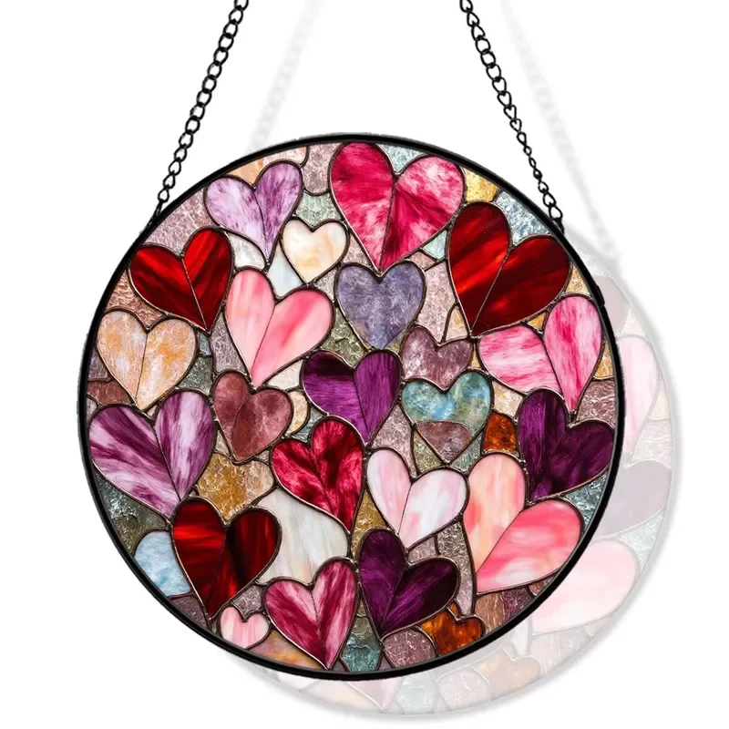 for  Art Glass Window Pendant  Catcher Mosaic Heart Romantic Pink Outdoor Birthday Home Decoration Anniversary
