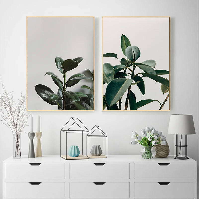 

2pcs/Set Simple Green Plant Leaves, Canvas Posters, Walls, Artistic Printed Pictures, Nordic Living Room, Room Home Decoration